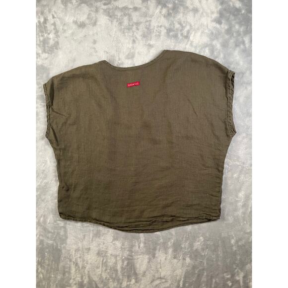 Hard Tail Forever boxy V-neck linen top green minimalist elevated basic S/M boho - Picture 9 of 13